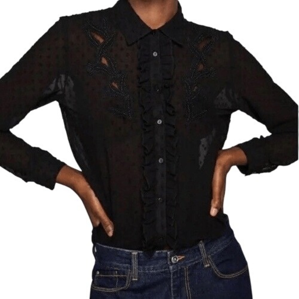 Zara Black Sheer Long Sleeve Button Down‎ Top Embroidered Plumetis Dot Large